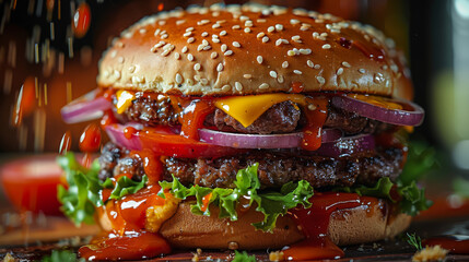 Photo of a juicy Hamburger. red and yellow background, salad, splash of tomato sauce, full of...
