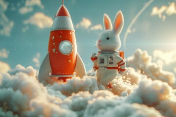Embark on an egg-stravagant journey through space with our Easter bunny astronaut at the helm of a whimsical rocket! - obrazy, fototapety, plakaty