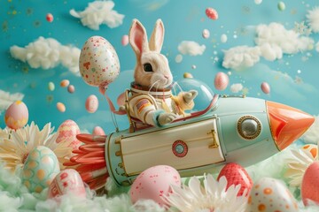 Launch into Easter fun with our bunny astronaut steering an egg-shaped rocket towards celestial delights! - obrazy, fototapety, plakaty
