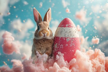 Prepare for an egg-splosive Easter experience as our bunny astronaut propels into space in a rocket like no other! - obrazy, fototapety, plakaty