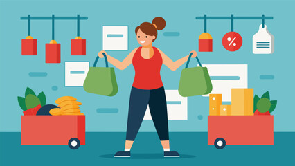 A woman lifting weights at the gym but instead of dumbbells shes holding bags of groceries with price tags attached.