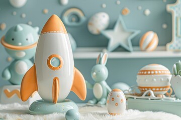 Set your sights on Easter excitement with our bunny astronaut guiding an egg-shaped rocket to new frontiers! - obrazy, fototapety, plakaty