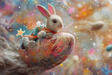 Witness the wonder of Easter as our bunny astronaut rockets through the stars in a cosmic egg-shaped vessel! - obrazy, fototapety, plakaty