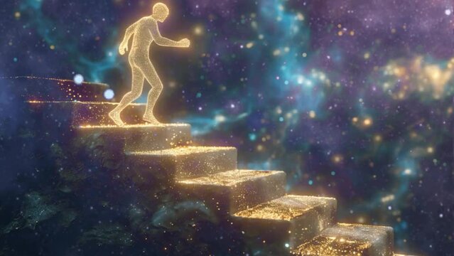 ilustração pessoa iluminada subindo a escada no cosmos  