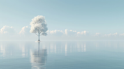   A solitary tree is situated in the middle of a blue body of water, surrounded by clouds in the sky - obrazy, fototapety, plakaty