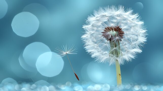   A clearer image of a dandelion sits atop the table next to a blurred representation