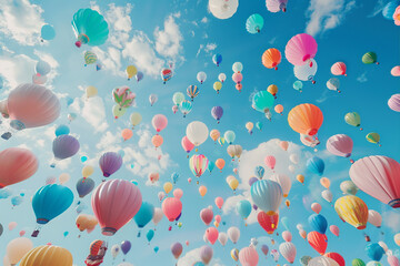 A low angle shot of colorful balloons ascending towards the heavens.