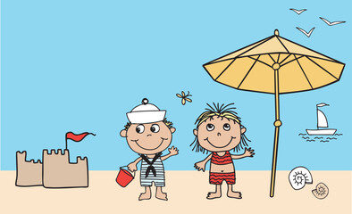 Beach holiday,children,cartoon characters,sea,summer,sand castle,little girl, little boy,seashore,beach umbrella,cheereful,smiling,vector illustration - 793119413