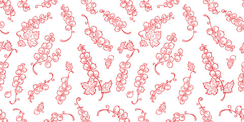 Currant red berries, ripe, twigs bunches, contour, hand drawn, seamless pattern vector, white background, wallpaper,paper,textile,fabric - 793119454
