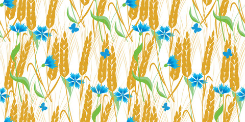 Ears of wheat, cornflowers, butterflies, ripe, yellow, blue seamless vector pattern background, paper,textile - 793119458
