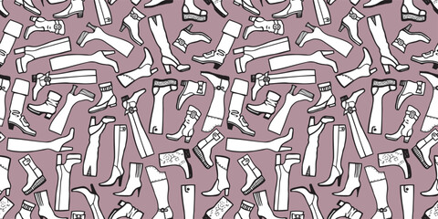 Female boots,shoes,collection,fashion,set,outline,seamless pattern, vector background,wallpaper,wpapper - 793119496