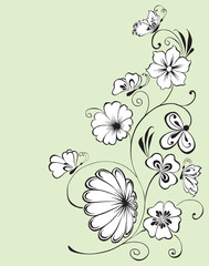 Floral corner decoration twig butterflies outline vector white chamomile stem delicate fantasy greeting card flower tendrils background daisies illustration - 793119497