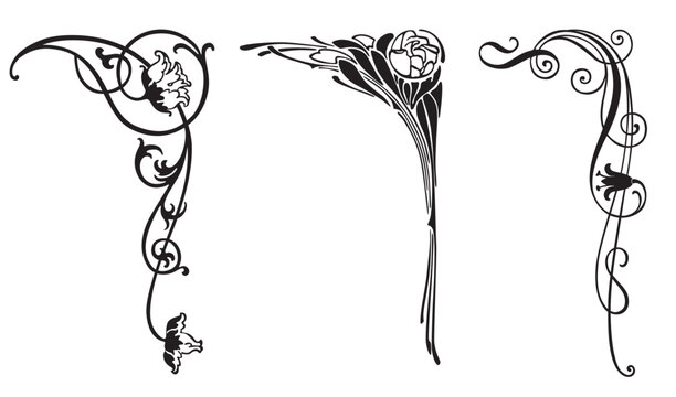 Corners floral vector vintage chrysanthemum rose bluebell decorative design elements tendrils silhouette black vector illustration isolated on white