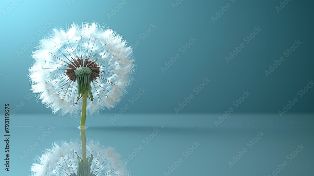 Poster a dandelion atop a table against a blue backdrop; its reflection mirrored in the surface beneath