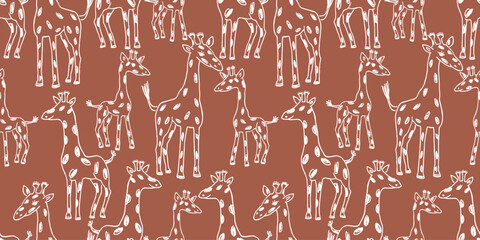 Giraffes, cartoon characters, contour drawings, long nack,spotted, cute, baby animal, family, seamless pattern,childish, hand drawn,background,vector,paper,wallpaper,textile - 793119610