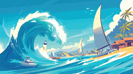 Tsunami flat cartoon seascape panoramic landscape i - obrazy, fototapety, plakaty