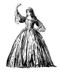 Lady,long dress,dance,young,graceful,elegance,pretty,fashion,theater,history,one person, historical costume, ,woman,vintage,18th century,hand drawn,sketch,vector,illustration,doodle - 793119627