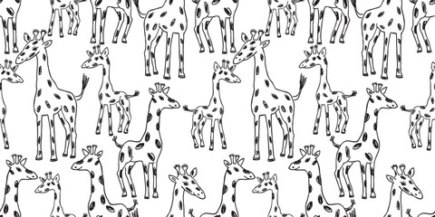 Giraffes, cartoon characters, contour drawings, spotted, long nack, cute, baby animal, family, seamless pattern,childish, hand drawn,background,vector,paper,wallpaper,textile - 793119631