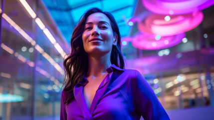 Fototapeta premium Happy woman in a purple blouse standing in a futuristic busy office with confidence, with bold blue, purple and pink colors.