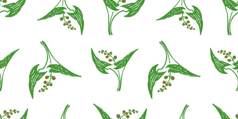 Lilies of the valley,spring flower,may, ripe,berries red,green leaves,delicate,seamless pattern,floral, white background,fabric,textile, paper, hand drawn,vector illustration - 793119650
