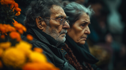 Fototapeta na wymiar Senior couple reflecting together at a funeral service.