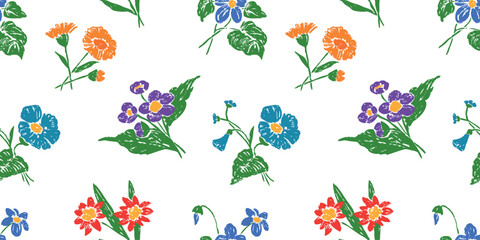 Pansy,violets wildflowers,hand drawn, spring,seamless pattern, white background, textile,fabric, wallpaper, paper, vector hand drawn illustration