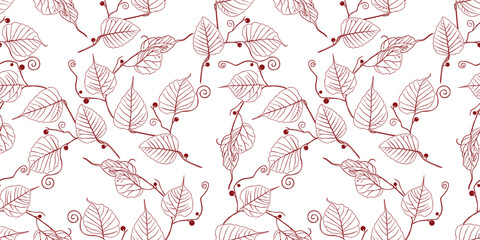 Twigs,leaves,berries,tendrils,delicate,outline;fruit tree,branches,decorative,contour drawing,pattern,seamless, vector,background, red,wallpaper,textile,illustration, leaf,paper,fabric - 793119816