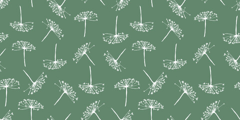 Umbrella flowers white silhouettes seamless pattern botanical summer green vector background