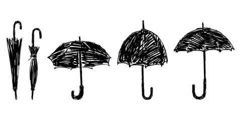 Umbrellas, accesories, silhouette,doodles, sketches, opened,closed, rain, protection, set, vector, illustration, isolated on white - 793119867
