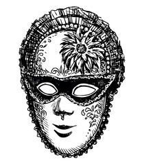 Vintage venetian carnival mask, masquerade,face,black and white sketch,vector hand drawing isolated on white