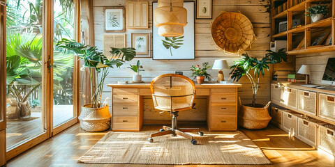 Cozy tropical chic home office interior