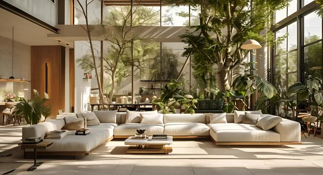 beautiful interior design, light colors, sofas, lots of natural light and natural trees in the scene 