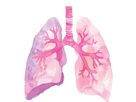 Watercolor image of pink anatomical of healthy human lungs, on white background. Medical banner