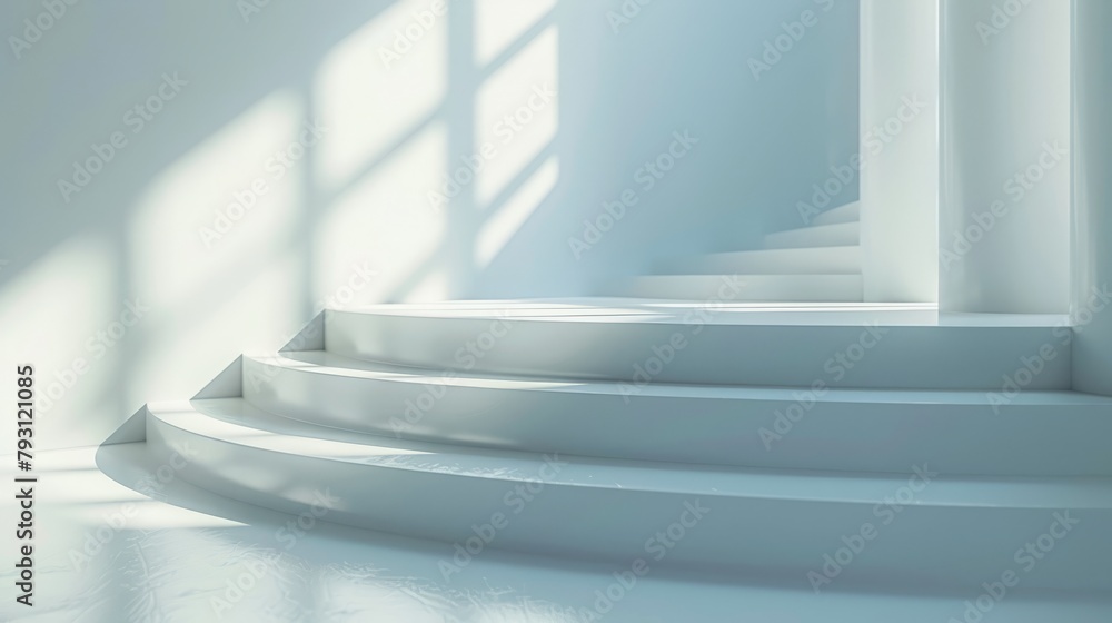 Poster 3d rendering of an empty white room with a curved staircase