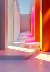 Pink and orange 3D rendering of arched hallway with bright stepped platform
