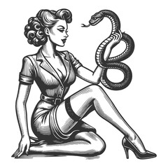 Twin seductive pin-up girls, with snake, portraying an edgy yet classic style sketch engraving generative ai fictional character vector illustration. Scratch board imitation. Black and white image. - obrazy, fototapety, plakaty