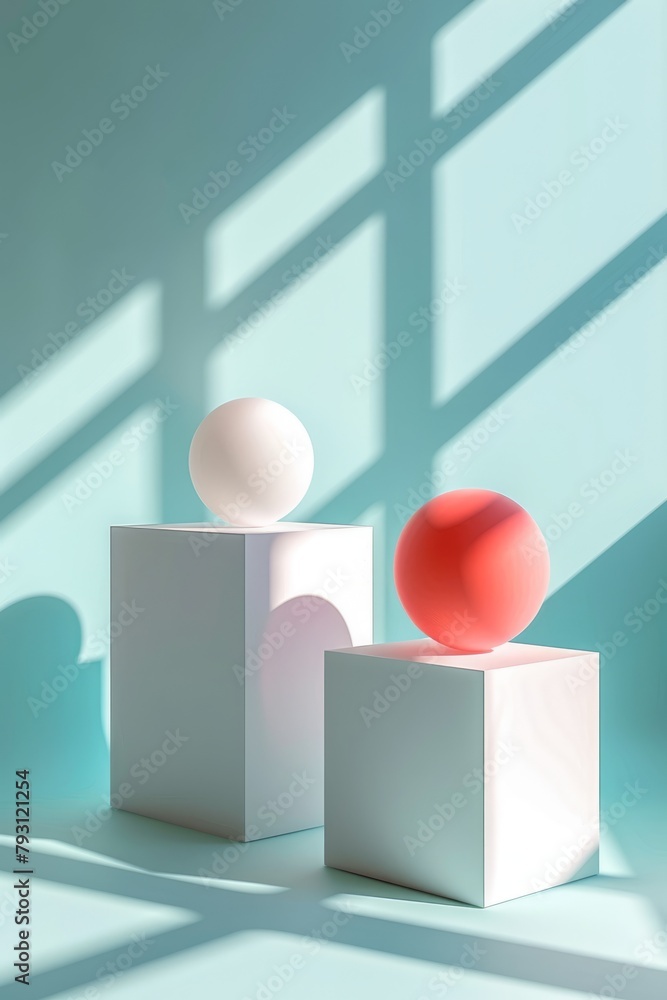 Poster 3d rendering of two spheres on podiums with shadows