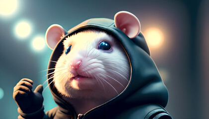 Rat wear hood on blur city background.
