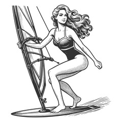 Pin-up girl vintage woman windsurfing, her hair flowing with wind sketch engraving generative ai fictional character vector illustration. Scratch board imitation. Black and white image. - obrazy, fototapety, plakaty