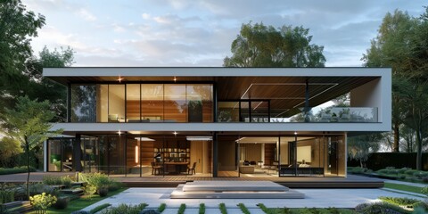 Modern minimalist villa with huge glass windows and open floor plan