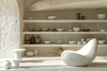 b'An organic, sculptural space with shelves and a chair'