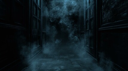 Fototapeta na wymiar b'Dark mysterious corridor with wooden doors and blue glowing smoke'
