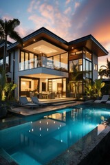 Fototapeta premium b'Modern luxury house with pool and palm trees'