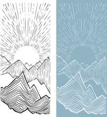 Hand drawn mountains sketch. Linear landscape. Dawn and sunset in the mountains. Mountain silhouette clipart vector EPS 10