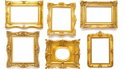 Set of antique golden frames on white background with blank space