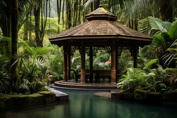 b'Gazebo in a lush tropical garden with a reflecting pool'