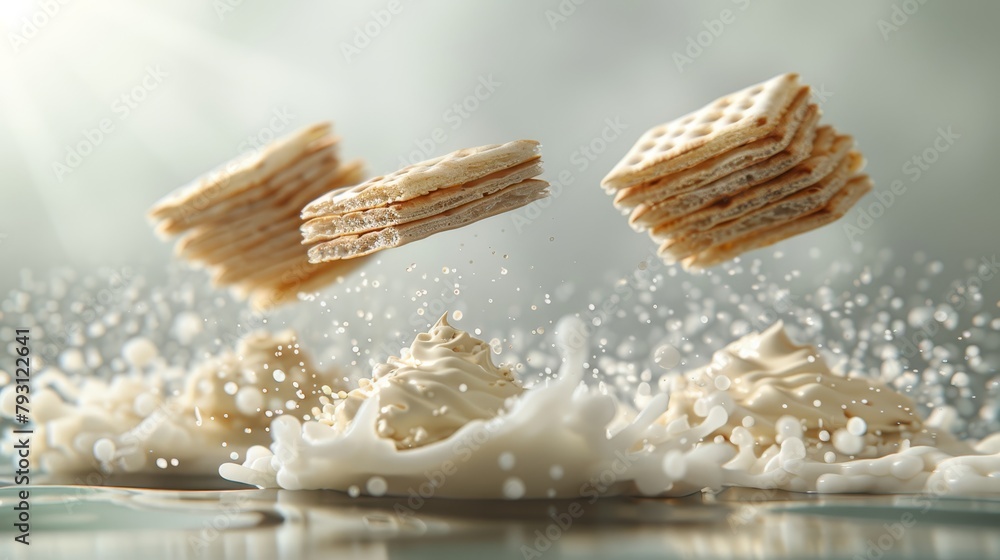 Poster a stack of waffles tipping into a pool of milk, creating a splash on their surfaces