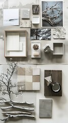 Flat lay of creative architect moodboard composition with samples of building textile and materials
