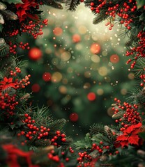 Christmas background with red berries and poinsettias