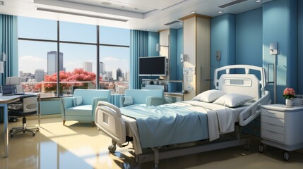 b'A modern hospital room with a view of the city'